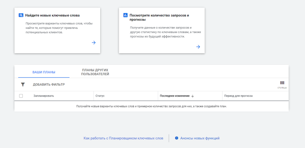 найдите новые ключевые слова и посмотрите количество запросов и прогнозы