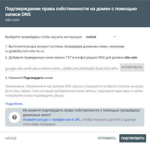 проверка с помощью записи dns