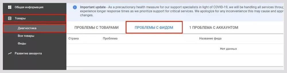 диагностика в google shopping